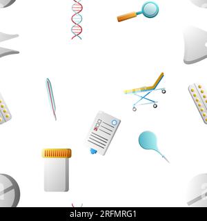 Endless seamless pattern of medical scientific medical objects icons jars with pills thermometers enemas documents on a white background. Vector illus Stock Vector