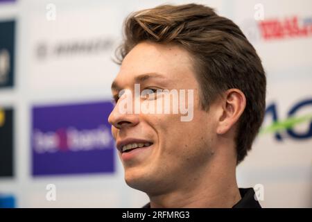 Glasgow, UK. 04th Aug, 2023. Belgian Jasper Philipsen of Alpecin-Deceuninck pictured during a press conference at the UCI Road World Championships Cycling 2023, in Glasgow, United Kingdom on Friday 04 August 2023. UCI organizes the worlds with all cycling disciplines, road cycling, indoor cycling, mountain bike, BMX racing, road paracycling and indoor paracycling, in Glasgow from 05 to 13 August. BELGA PHOTO DAVID PINTENS Credit: Belga News Agency/Alamy Live News Stock Photo