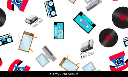 The texture is a seamless pattern of old vintage retro electronics technology from televisions, cassette tape recorders, vinyl records, computers, gam Stock Vector