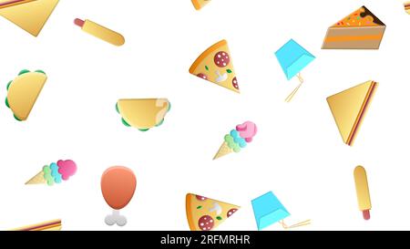 Endless white seamless pattern of delicious food and snack items icons set for restaurant bar cafe: noodles, pizza, chicken leg, hot dog, ice cream, c Stock Vector