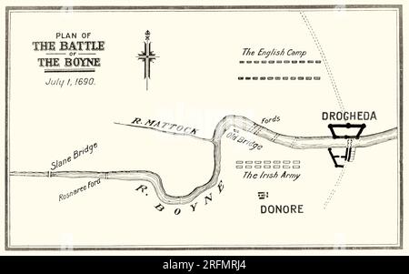 A 17th century plan of the Battle of the Boyne, a battle on 1st July 1690, between the forces of the deposed King James II, and those of King William III who had acceded to the Crowns of England and Scotland in 1689. The battle took place across the River Boyne close to the town of Drogheda in Ireland, and resulted in a victory for William. This turned the tide in James's failed attempt to regain the British crown and ultimately aided in ensuring the continued Protestant ascendancy in Ireland. Stock Photo