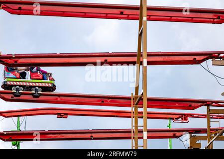 Herne, Germany. 04th Aug, 2023. The ride 'Wild Mouse' at the Cranger Kirmes. The event, which runs until August 13, is considered one of the largest public festivals in Germany. Around 500 showmen and several million visitors are expected again. Credit: Christoph Reichwein/dpa/Alamy Live News Stock Photo