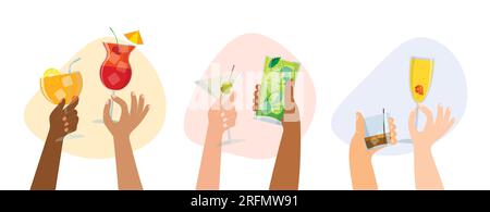 Set of summer cocktails. Hands with alcoholic drinks in different types of glasses. Cheers with friends. Mojito, martini, margarita, daiquiri, whiskey Stock Vector