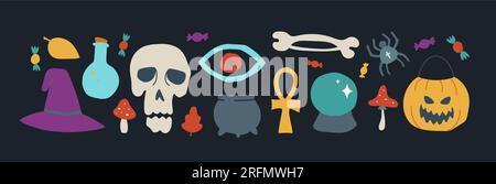 Halloween contemporary trendy vector illustrations set. Hand drawn modern colorful elements collection Skull, pumpkin, spider, cauldron, poison and Stock Vector