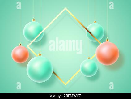 Christmas Turquoise Pastel Baubles on Gentle Background. Modern Golden Glitter Greetings Frame Template. Winter Holiday Social Media Card or Poster Stock Vector
