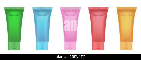 Set of transparent gel tubes of red, blue, green, yellow, pink and orange colors. Lubricant, lotion. Bubble inside. Moisturizer. Korean cosmetics. Rea Stock Vector