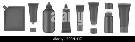 Set of black tubes and bottles. Roller ball tube. Body antiperspirant deodorant roll-on, open and closed blank tubes with screw cap. Realistic mockup. Stock Vector