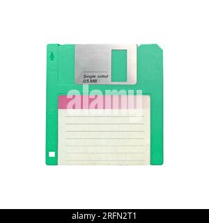 Old retro floppy disk isolated on white background, front view closeup cut out Stock Photo