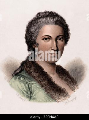Portrait of Maria Gaetana Agnesi (1718-1799), Italian mathematician and philosopher, who was the first woman to write a mathematics handbook and the first female math professor at a university. She is known for her work in differential calculus and on the cubic curve known as the 'witch of Agnesi.' Stipple engraving by James Charles Armytage after M. Longhi, circa mid-19th century. Colorized. Stock Photo