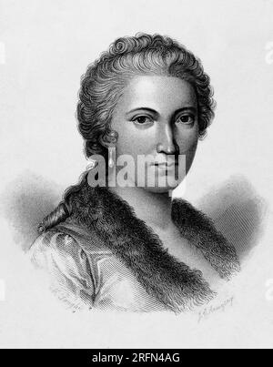 Portrait of Maria Gaetana Agnesi (1718-1799), Italian mathematician and philosopher, who was the first woman to write a mathematics handbook and the first female math professor at a university. She is known for her work in differential calculus and on the cubic curve known as the 'witch of Agnesi.' Stipple engraving by James Charles Armytage after M. Longhi, circa mid-19th century. Stock Photo