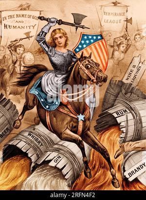 Woman's holy war. Grand charge on the enemy's works, Currier & Ives, c. 1874. The 'Holy War' was the nineteenth-century crusade for temperance and prohibition, whose advocates were predominantly clergymen and women. Colorized. Stock Photo