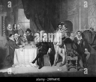 William Shakespeare, English poet and playwright, and his contemporaries at the Mermaid Tavern. Engraving by John Faed, 1850. Standing at left (l to r): Josuah Sylvester, John Selden, Francis Beaumont. Seated at table (l to r): Thomas Sackville, William Camden, John Fletcher, Francis Bacon, Ben Johnson, Samuel Daniel, John Donne, William Shakespeare. Standing and seated at right (l to r): Walter Raleigh, Henry Wriothesley, Robert Cotton, Thomas Dekker. Stock Photo
