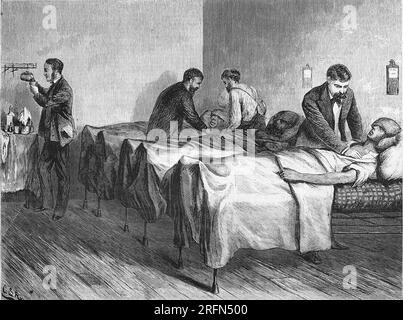 Sunstroke patients at Center Street Hospital during a heat wave in New York, from a sketch by M. Woolf. Engraving from Harper's Weekly, July 27, 1872. Stock Photo