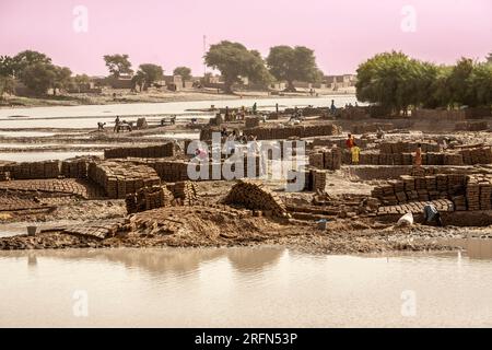 People making traditional adobe mud bricks  - workers make clay brick for building in Léré ,Mali, West Africa. Stock Photo