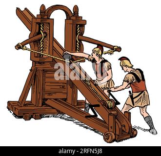 Illustration of a ballista being loaded and drawn. A ballista was an ancient Greek and Roman weapon that launched either bolts or stones at a distant target. Stock Photo