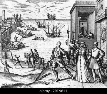 Christopher Columbus leaving Spain to go to America. Illustration, J. Edwards, 1800. Stock Photo