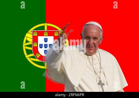 illustration pope francis blessing with portugal flag background, Stock Photo