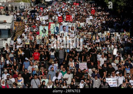 Beirut, Lebanon. 04th Aug, 2023. People take part in a march marking the 3rd anniversary of the Beirut massive port blast that killed more than 200 people and wounded more than 6,000. Credit: Marwan Naamani/dpa/Alamy Live News Stock Photo