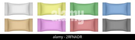 Set of realistic mockups of a flow pack or sachet. Pouch. Lollypop, candy, chocolate bar or ice cream wrapper. Silver foil bag. Brown, black, blue, pi Stock Vector