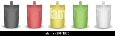 Set of doypack packaging with screw cap. Blank foil drink bags pouches with spout. Ketchup, mayonnaise or mustard. Stand up doy pack mock up set: blac Stock Vector