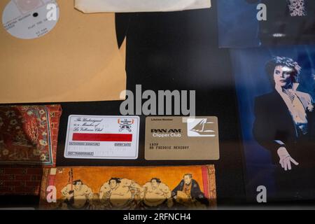 London, UK.  4 August 2023. Japanese paper wallet with membership cards, 1970s-80s, including Pan Am Clipper Club Lifetime Member card, (Est. £50-80) on the opening day of a month-long public exhibition ‘Freddie Mercury: A World of His Own’ at Sotheby’s.  The exhibition precedes six auctions in September at Sotheby’s New Bond Street galleries of a collection of possessions owned by Queen’s lead singer, kept at his home at Garden Lodge and accrued over the course of fifty years.  Credit: Stephen Chung / Alamy Live News Stock Photo