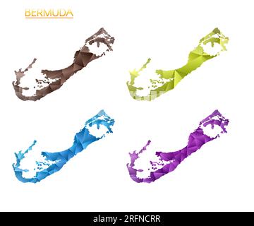 Set of vector polygonal maps of Bermuda. Bright gradient map of island in low poly style. Stock Vector