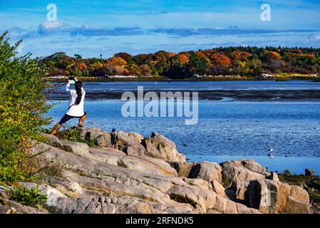 the view of the coastlin during the fall in Cape Porpoise, Maine USA. A turist taked a pic. Stock Photo