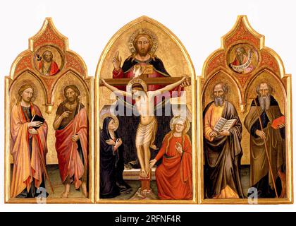 Italy Tuscany San Giovanni Valdarno - Mariotto Di Nardo, The Trinity between the Virgin and Saint Mary Magdalene with Saints James the Apostle, John the Baptist, John the Evangelist and Anthony the Abbot, tempera on wood – Museum of the Basilica of S. Maria delle Grazie Stock Photo