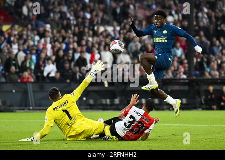 ROTTERDAM - Feyenoord goalkeeper Justin Bijlow, David Hancko of Feyenoord, Isaac Drommel of PSV Eindhoven(lr) during the 27th edition of the Johan Cruijff Shield between Dutch champion Feyenoord and cup winner PSV at Feyenoord Stadium De Kuip on August 4, 2023 in Rotterdam, Netherlands. ANP OLAF KRAAK Credit: ANP/Alamy Live News Stock Photo