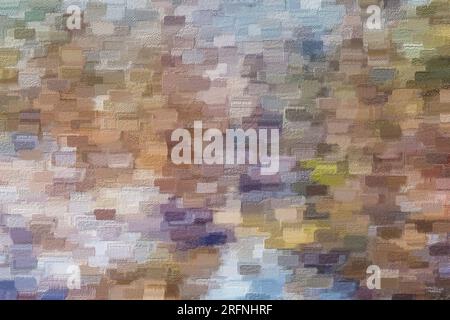 A brick abstract pastel painting with a combination of fall and winter shades of brown, blue, white, green and yellow. Stock Photo