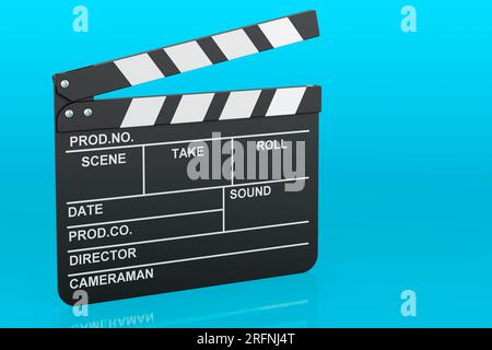 Clapperboard on blue backdrop, 3D rendering Stock Photo