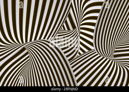 Some digital art of 3D twists of black, gold, and white stripes. Stock Photo