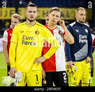 ROTTERDAM - Disappointment for Justin Bijlow of Feyenoord and Marcus Pedersen of Feyenoord after losing 0-1 during the 27th edition of the Johan Cruijff Shield between Dutch champion Feyenoord and cup winner PSV at Feyenoord Stadium De Kuip on August 4, 2023 in Rotterdam, Netherlands. ANP SEM VAN DER WAL Credit: ANP/Alamy Live News Stock Photo