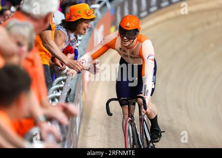 Glasgow, UK. 04th Aug, 2023. GLASGOW, SCOTLAND - AUGUST 4: Harrie Lavreysen of the Netherlands during Men Elite Team Sprint on Day 2 of the 96th UCI Cycling World Championships Glasgow 2023 on August 4, 2023 in Glasgow, Scotland. (Photo by Tim Buitenhuis/BSR Agency) Credit: BSR Agency/Alamy Live News Stock Photo