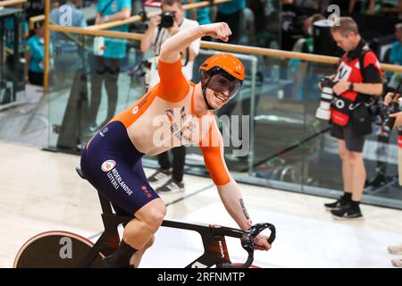 Glasgow, UK. 04th Aug, 2023. GLASGOW, SCOTLAND - AUGUST 4: Harrie Lavreysen of the Netherlands during Men Elite Team Sprint on Day 2 of the 96th UCI Cycling World Championships Glasgow 2023 on August 4, 2023 in Glasgow, Scotland. (Photo by Tim Buitenhuis/BSR Agency) Credit: BSR Agency/Alamy Live News Stock Photo