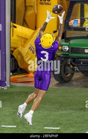 August 4, 2023: LSU quarterback Jayden Daniels (5) looks to throw a pass  during the first week of fall football camp at the LSU Charles McClendon  Practice Facility in Baton Rouge, LA.