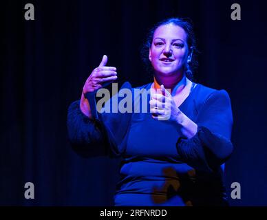 Edinburgh, Scotland, UK, 4th August 2023. Edinburgh Festival Fringe the Space launch. Pictured: Lisa Pezik in  a solo show Too Big for Her Britches. Credit: Sally Anderson/Alamy Live News Stock Photo