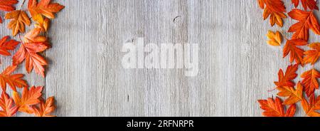 Autumn leaves double border over a rustic grey wood banner background. Overhead view with copy space. Stock Photo