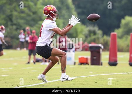 July 27th 2022: Washington Commanders wide receiver Jahan Dotson (1) runs a  drill during the Washington Commanders training camp practice at the INOVA  Sports Performance Center in Ashburn, Va. Reggie Hildred/CSM/Sipa USA(Credit