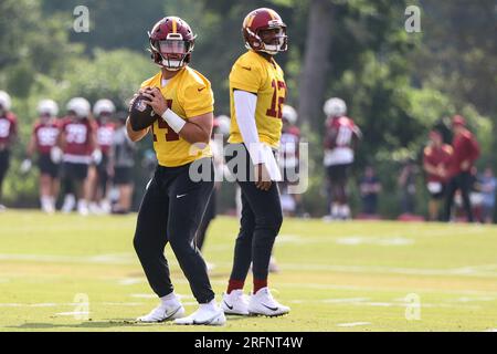 Washington Commanders quarterback Sam Howell (14) warms up prior to the  start of an NFL pre-season football game against the Cleveland Browns,  Friday, Aug. 11, 2023, in Cleveland. (AP Photo/Kirk Irwin Stock