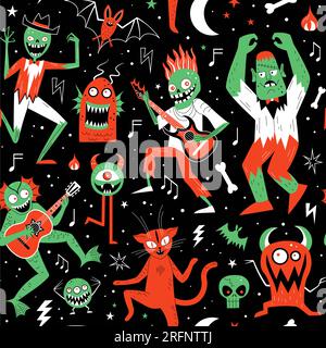 Rocking Monster Mash Halloween Festive Pattern Stock Vector