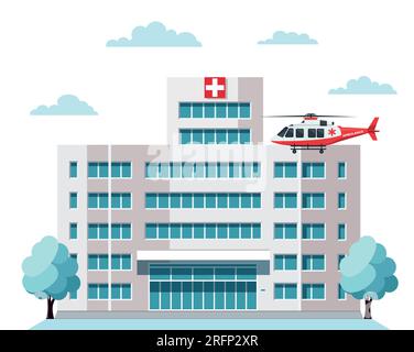 Medical concept with hospital building in flat style. hospital building, helicopter isolated on white. City hospital building with ambulance and helic Stock Vector