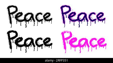 Text PEACE is written with aerosol spray paint in black and pink variations. Paint drips in droplets, splashes, and paint stains. Street art. Vector isolated on a white background. Stock Vector