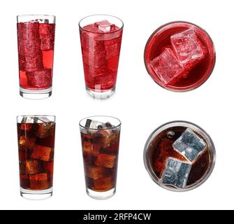 Tasty refreshing soda drinks with ice cubes on white background, top and side views. Collage design Stock Photo