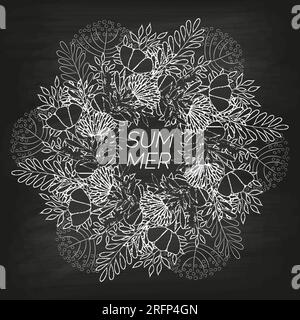 Summer floral background drawn by hand on the black unclean chalkboard. For the design of postcards, brochures, flyers Stock Vector