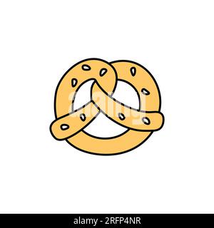 Pretzel vector doodle element isolated. Hand drawn outline illustration of baking product with sesame. Hand drawn cute colorful doodles Stock Vector