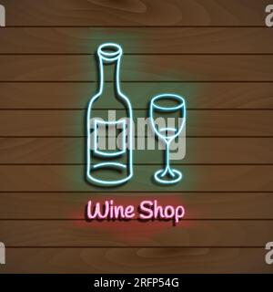 Wine shop. Neon blue sign. light banner on a wooden wall. Vector Illustration. Stock Vector