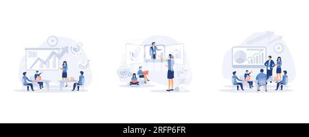 Business seminar, presentation or conference, young people sitting on big laptop and attending public conference, public conference and motivation for Stock Vector