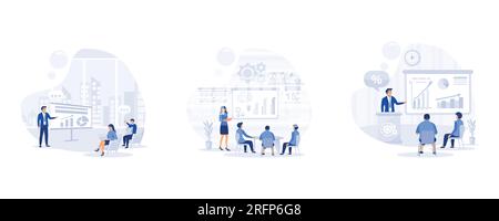 Business coach speaking in front of audience, Using Pie Diagrams and Column Charts, doing presentation and professional training about marketing, sale Stock Vector