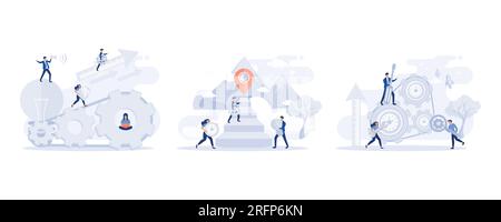 Team of businesspeople working with industrial gears or cogs in a concept of business, thinking about creative idea, workers couple rotating cogwheels Stock Vector